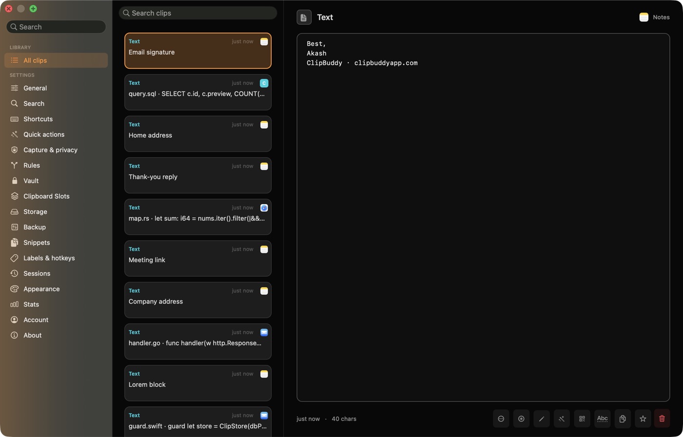Clipboard history, filtered by type and label